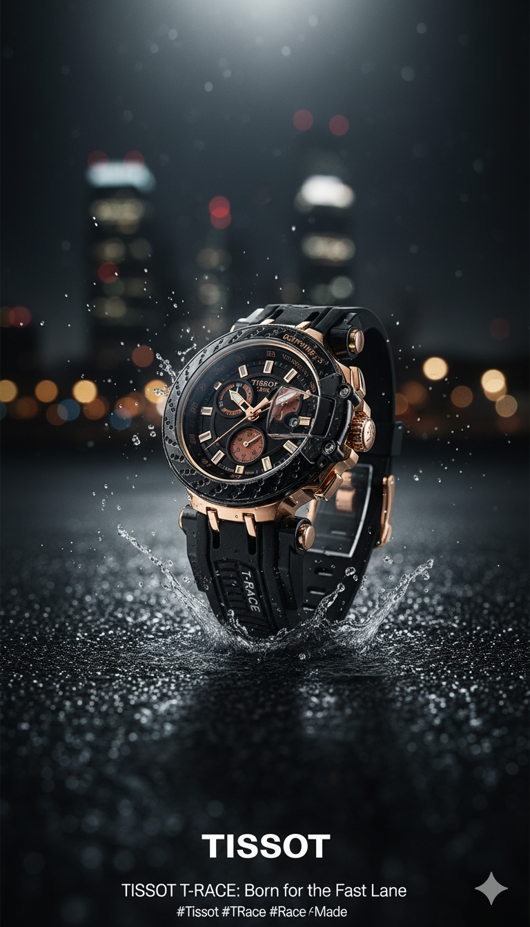 Tissot T-Race Plus Mujer Goma Negra Tablero Negro Oro Rosa Negro