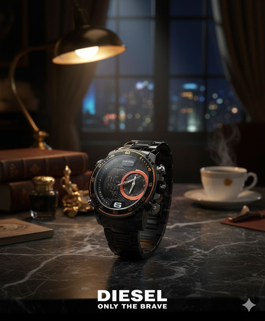 Diesel Doble Hora Negro Tablero Negro-Naranja
