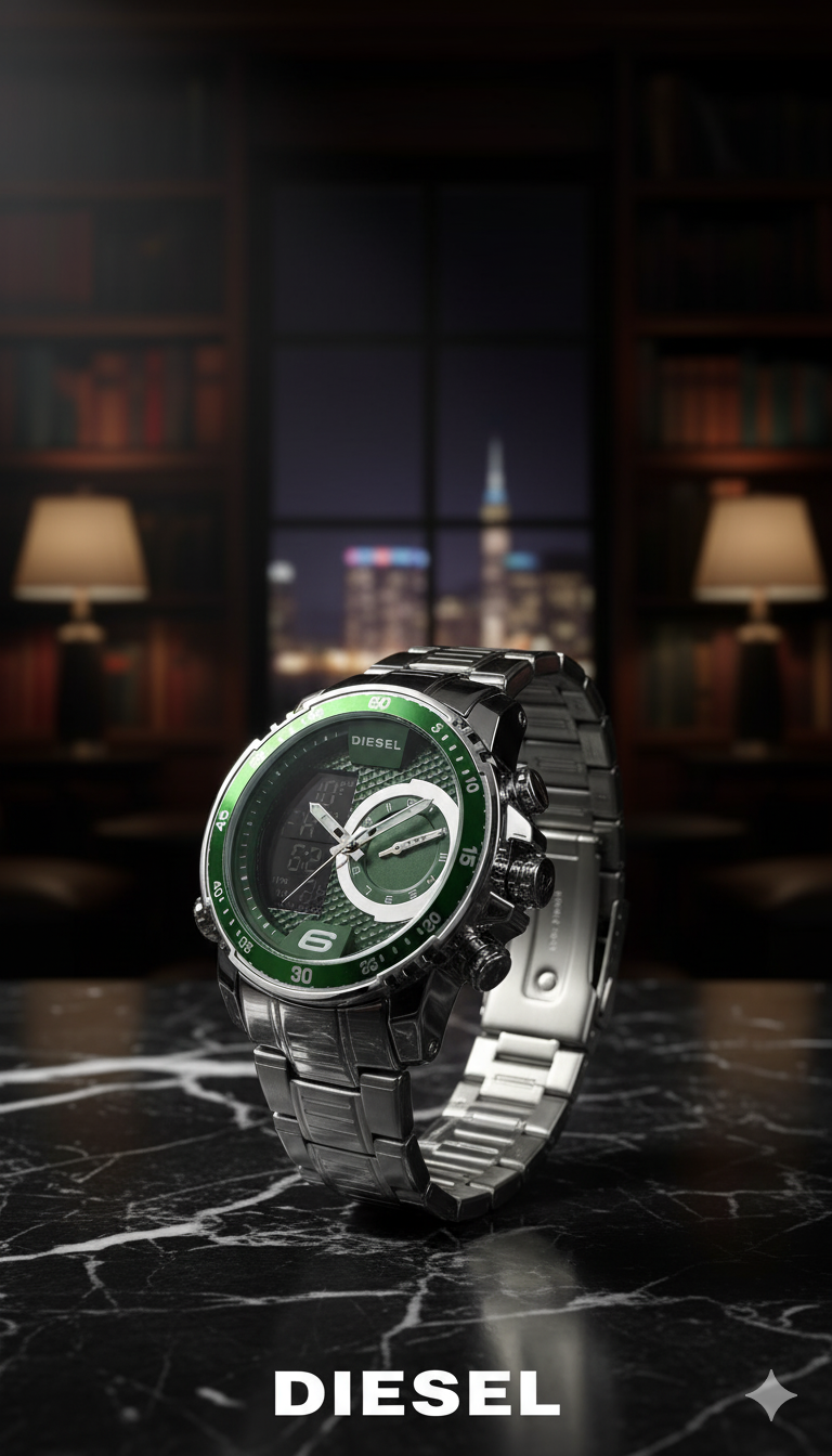 Diesel Doble Hora Plateado - Verde